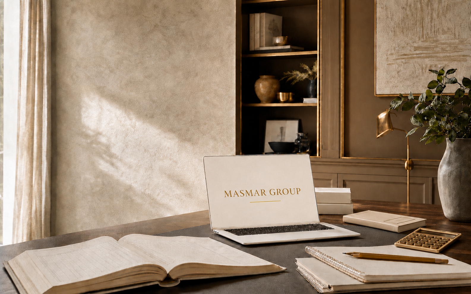 A refined accounting workspace with ledgers, a calculator, and a laptop displaying MASMAR Group in gold
